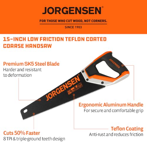 JORGENSEN 15-Inch Hand Saw, 8 TPI Coarse Blade for Wood Cutting