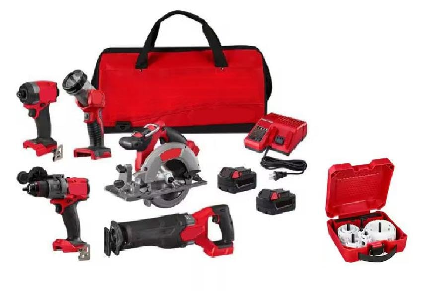 18V Brushless Cordless 5-Tool Combo Kit with Batteries, Charger & Hole Saw Set