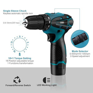 Electric Screwdriver Drill with 1.5Ah Lithium Battery & LED Light