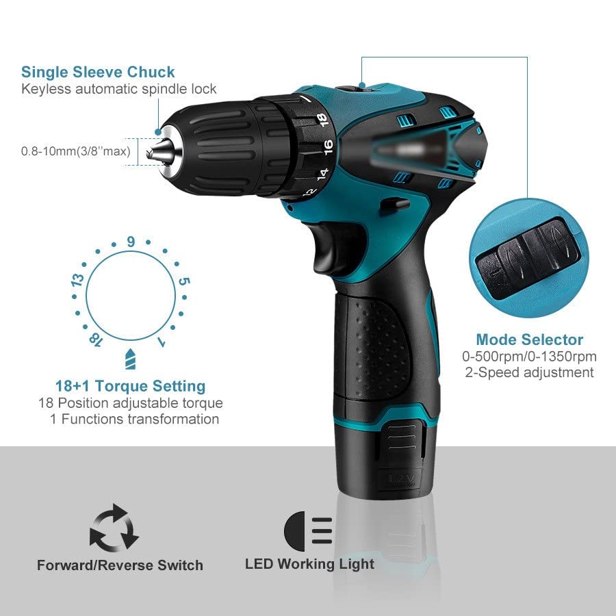 Electric Screwdriver Drill with 1.5Ah Lithium Battery & LED Light