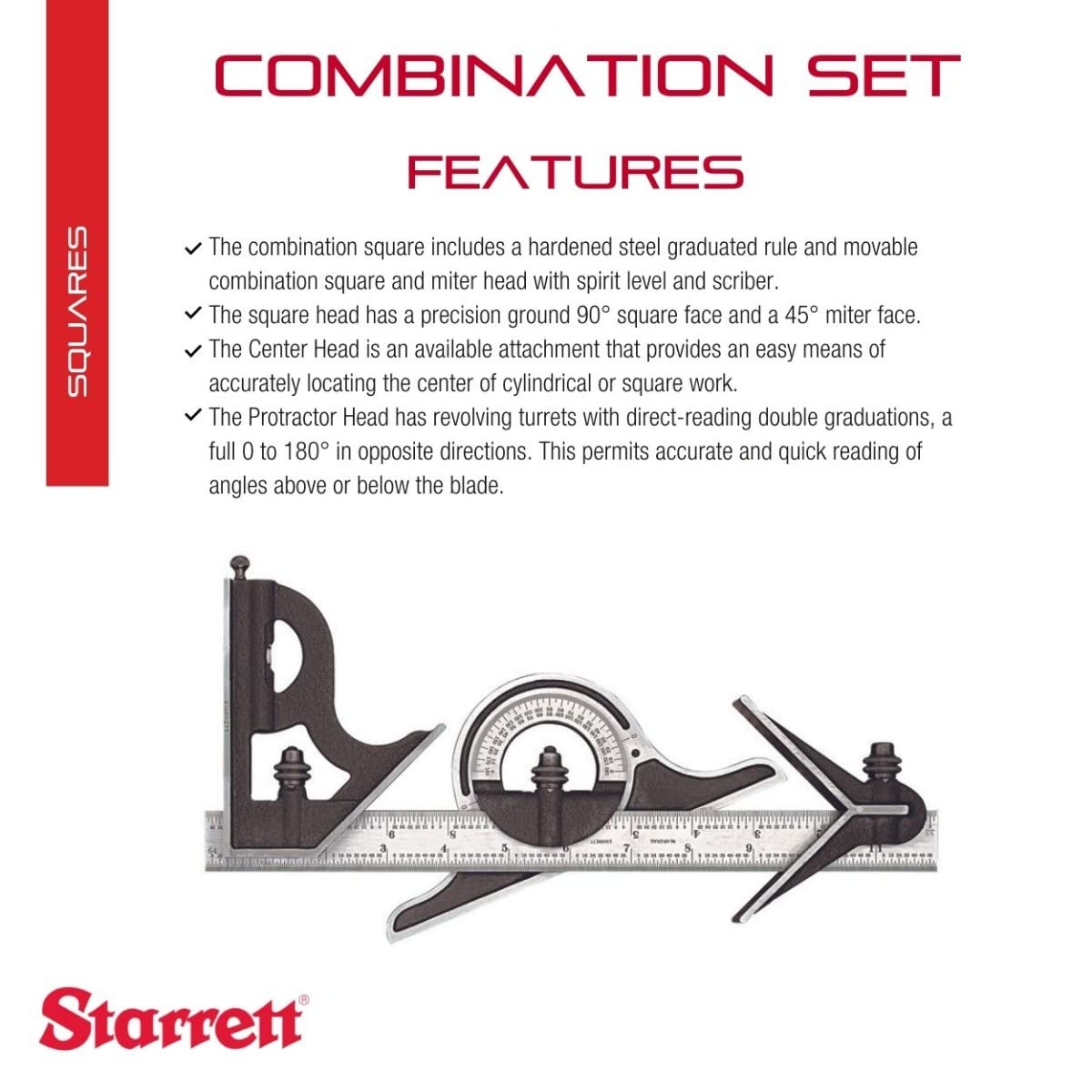 Starrett Combination Set with Square, Center and Protractor Head and Blade