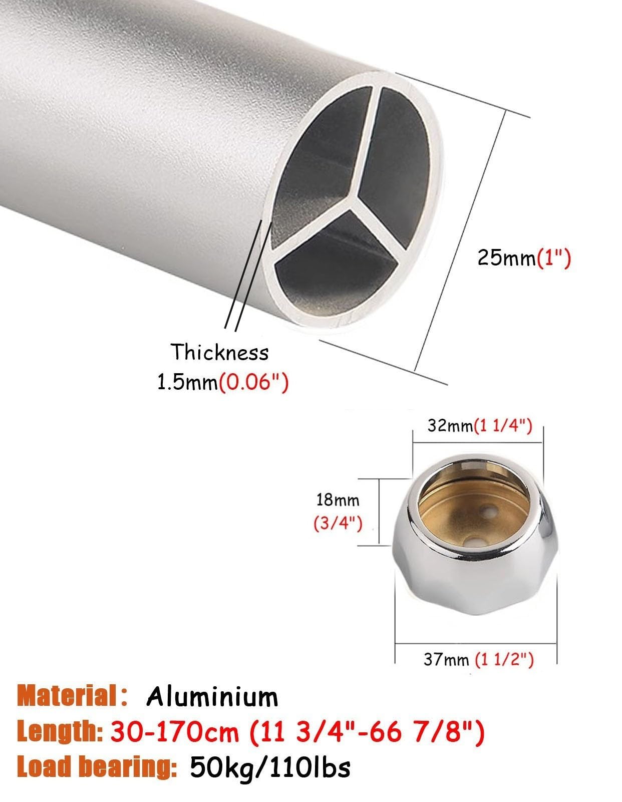 27.5" Aluminum Closet Rod with Support Brackets