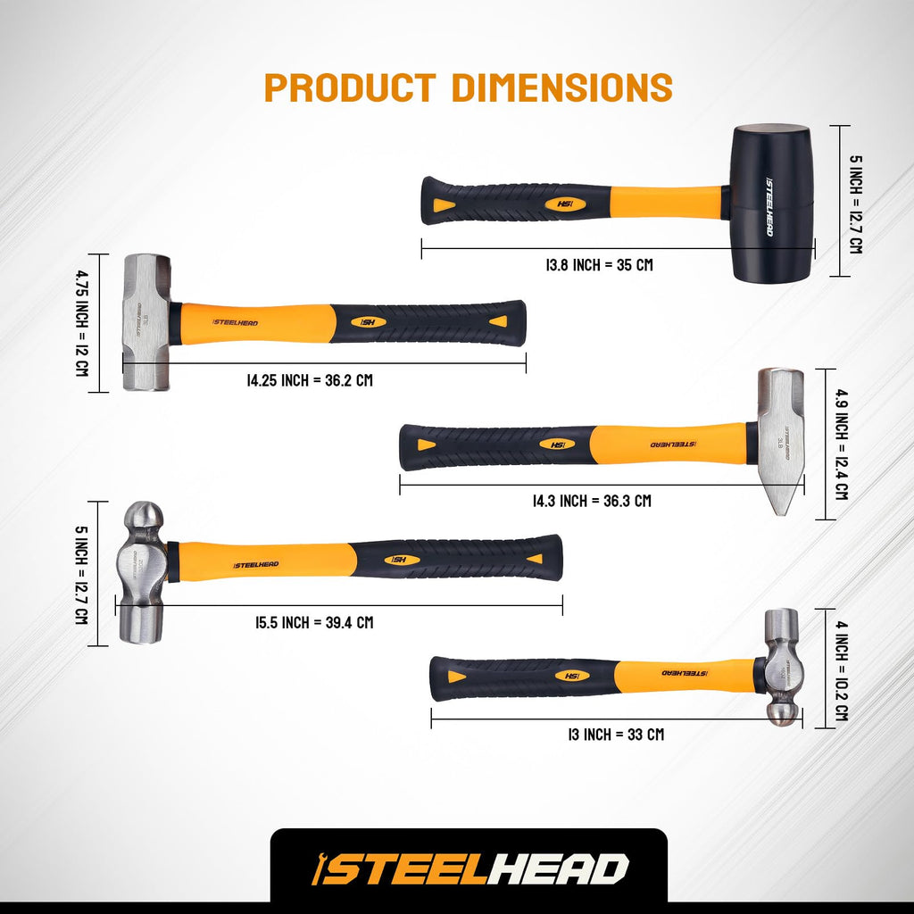 STEELHEAD 5PC Fiberglass Handle Hammer & Mallet Set, Metalworking