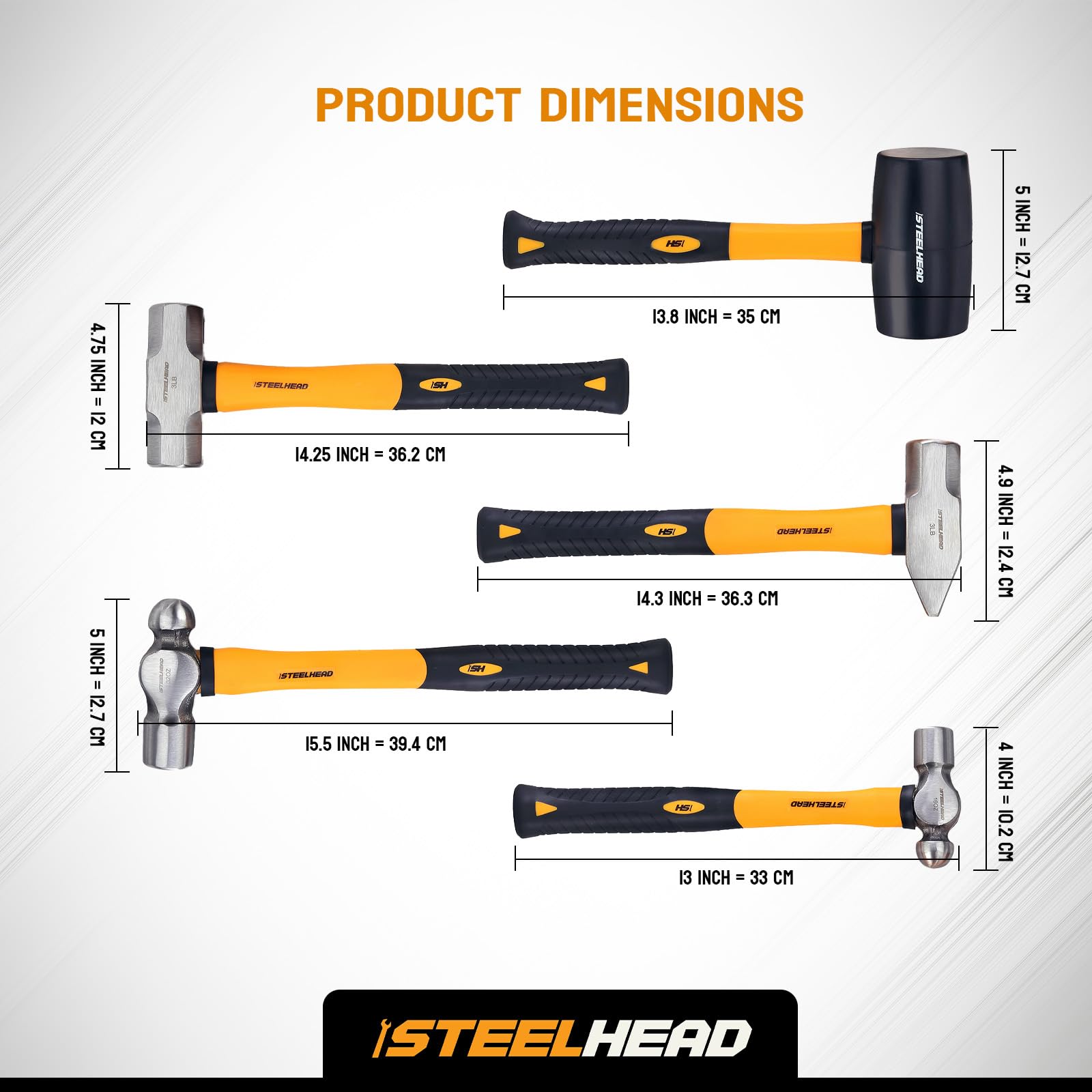 STEELHEAD 5PC Fiberglass Handle Hammer & Mallet Set, Metalworking
