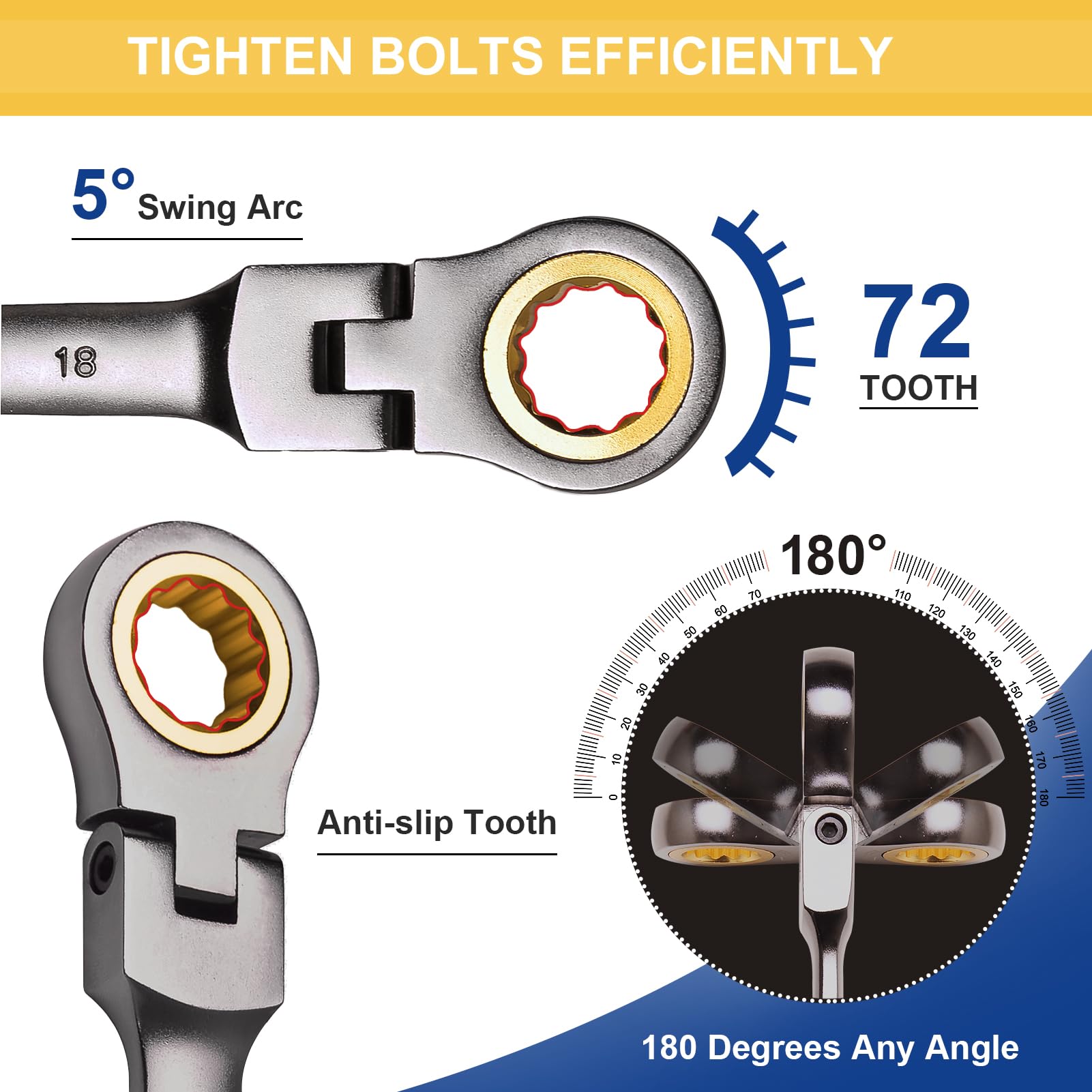 MoJoTools 3/4 inch Flex-Head Ratcheting Combination Wrench Set