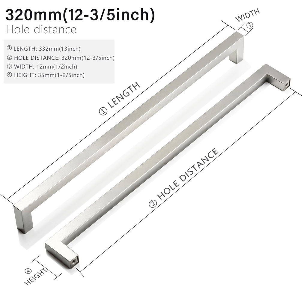 12.6" Brushed Nickel Cabinet Pulls, 320mm Hole Centers, 50-Pack