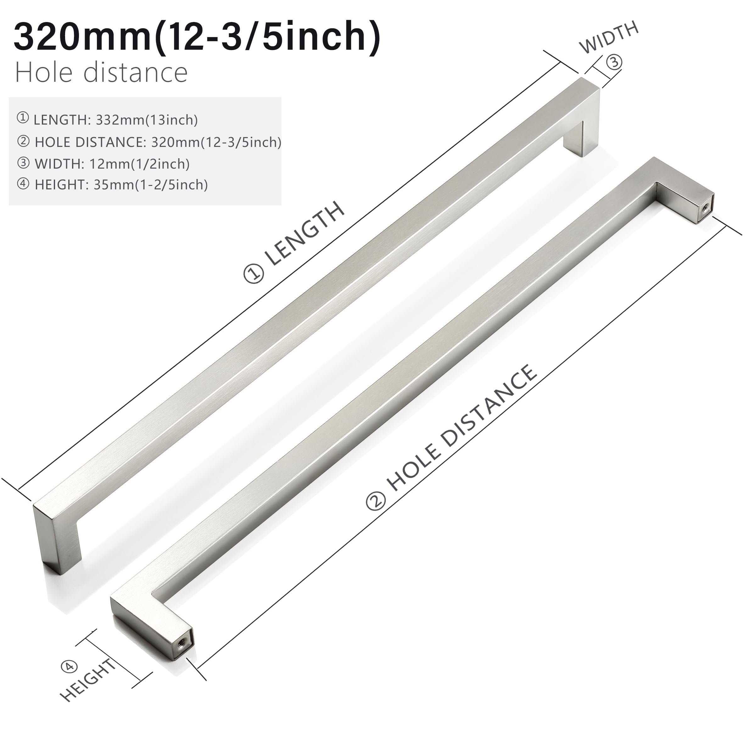 12.6" Brushed Nickel Cabinet Pulls, 320mm Hole Centers, 50-Pack