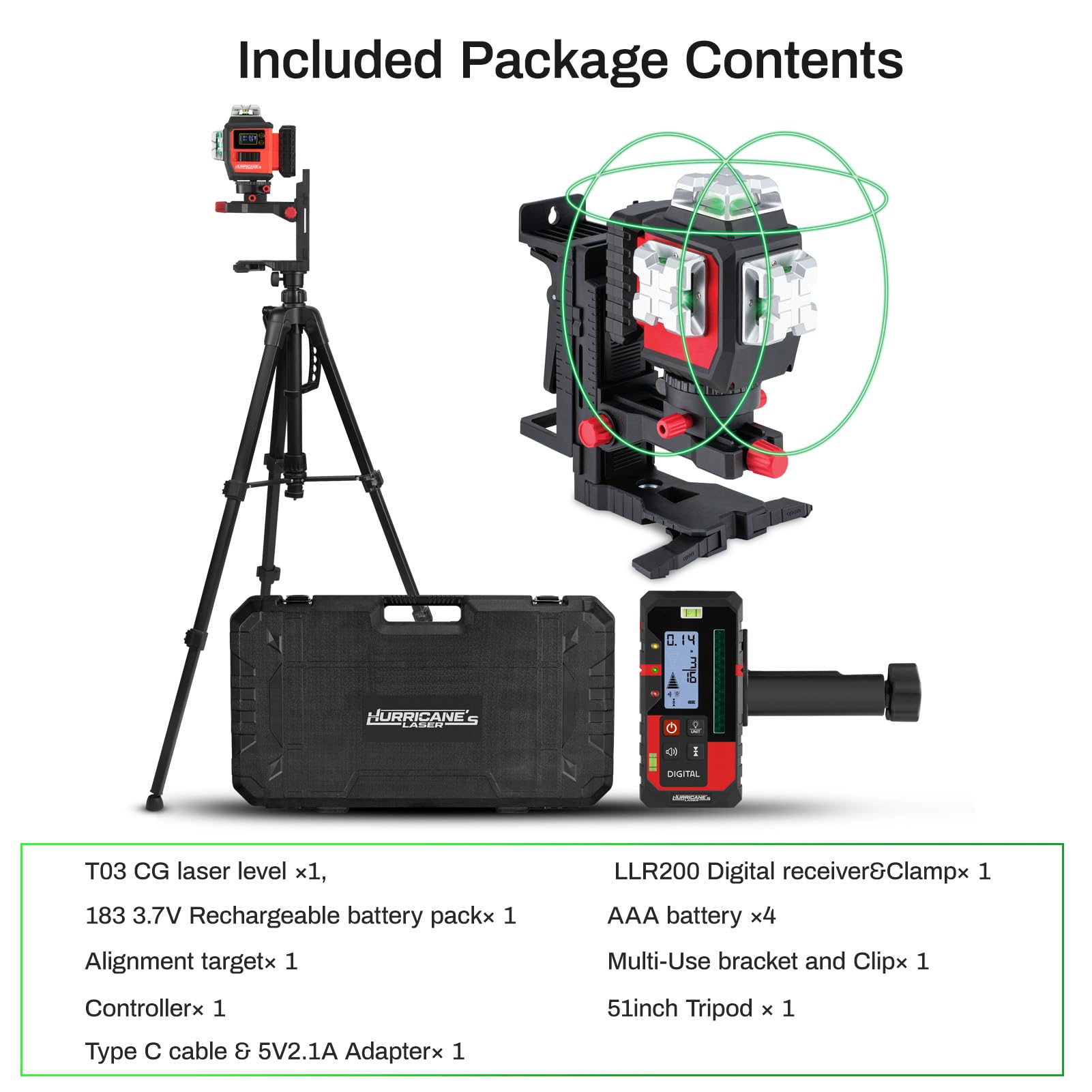 3×360° Green Self-Leveling Laser Level Kit with Receiver & Tripod