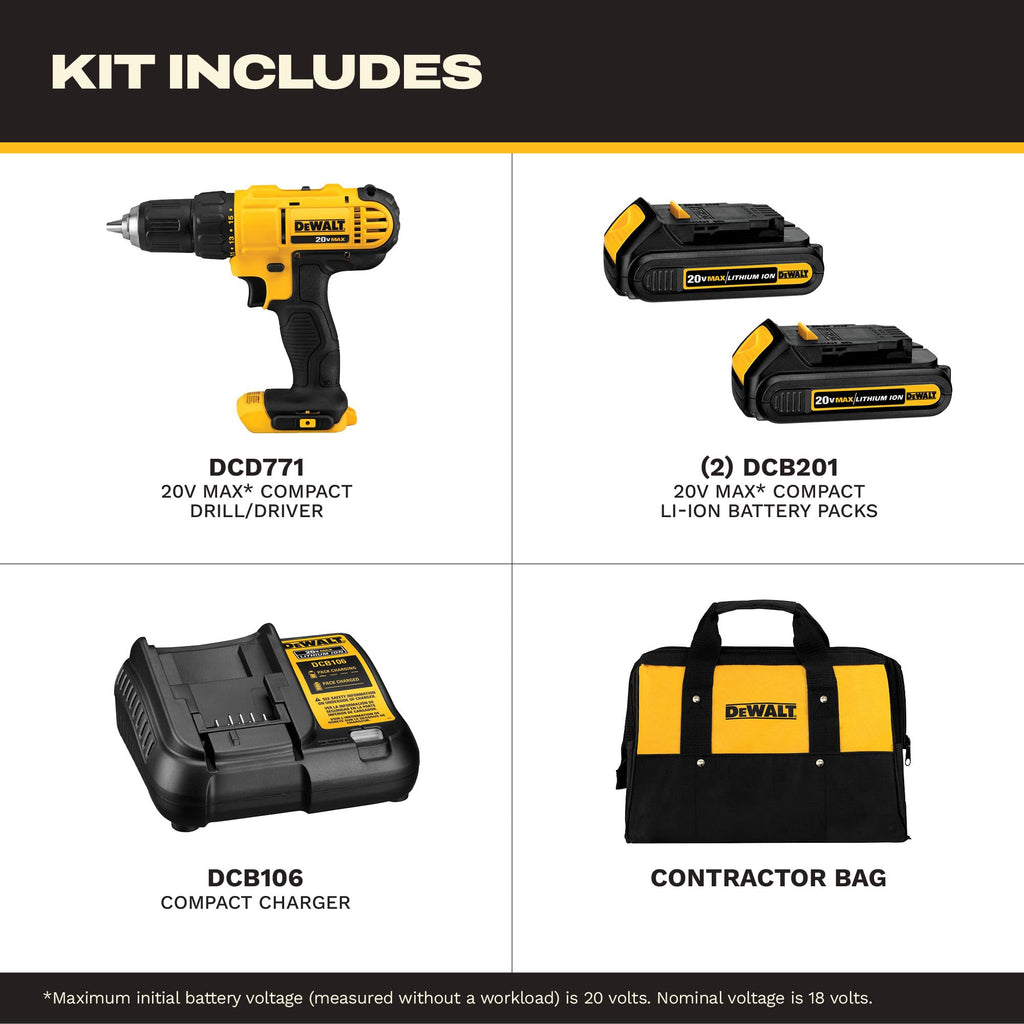 Dewalt DCD771C2 20V MAX Cordless Lithium-Ion 1/2 inch Compact Drill Driver Kit