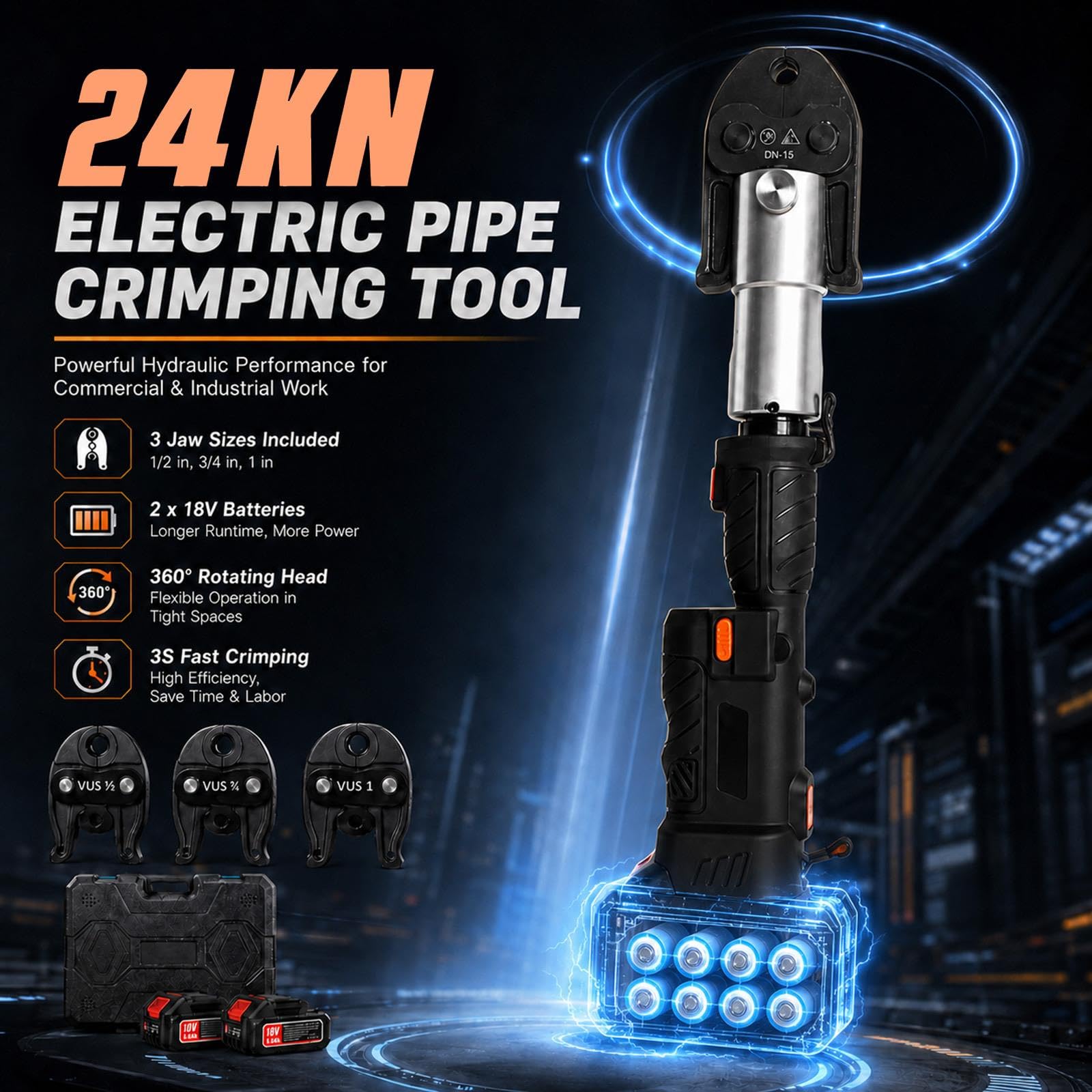 18V Press Tool for Copper Pipe, 32kN Kit with 6 Jaws and 2 Batteries