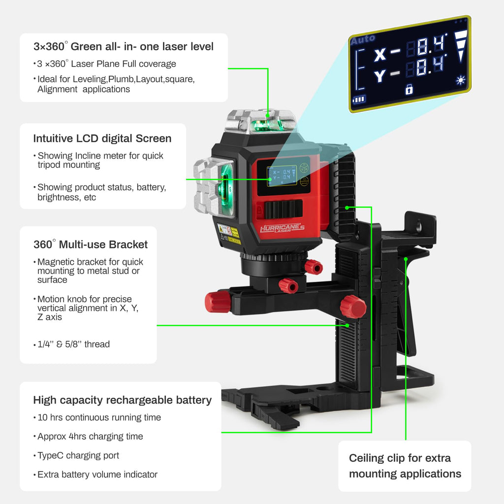 3×360° Green Self-Leveling Laser Level Kit with Receiver & Tripod