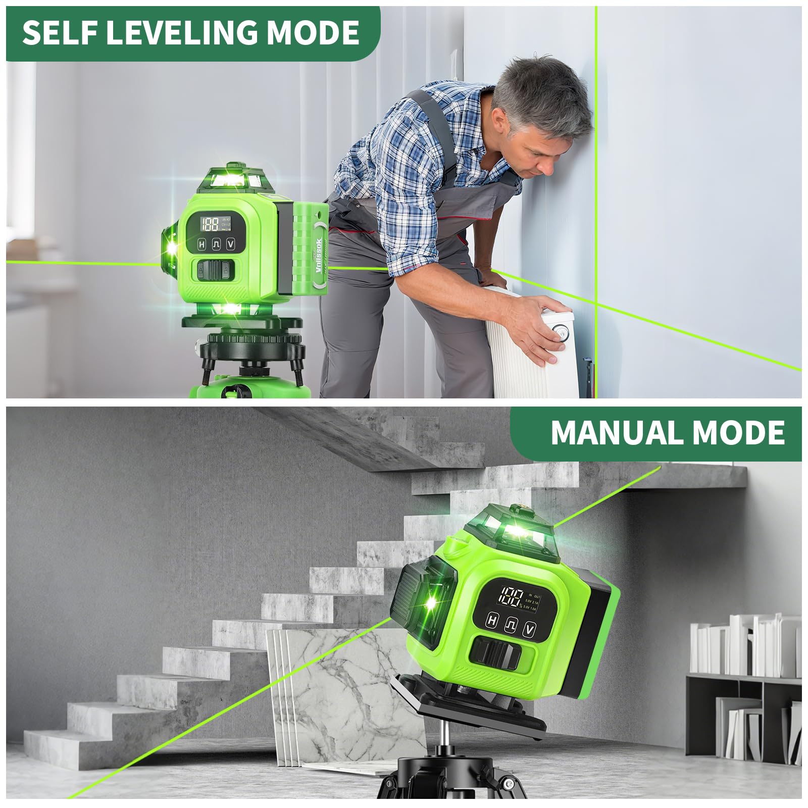 4D 360° Green Self-Leveling Laser Level with 16 Lines & 2 Batteries