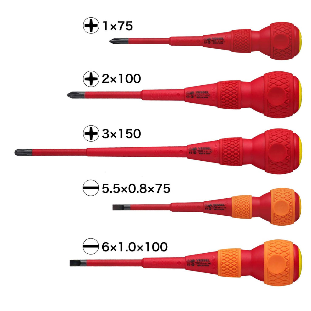 VESSEL BALL GRIP VDE Screwdrivers (insulated) Phillips/Flat, set of 5 pcs
