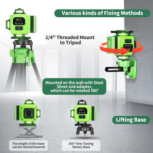 4D 360° Green Self-Leveling Laser Level with 16 Lines & 2 Batteries