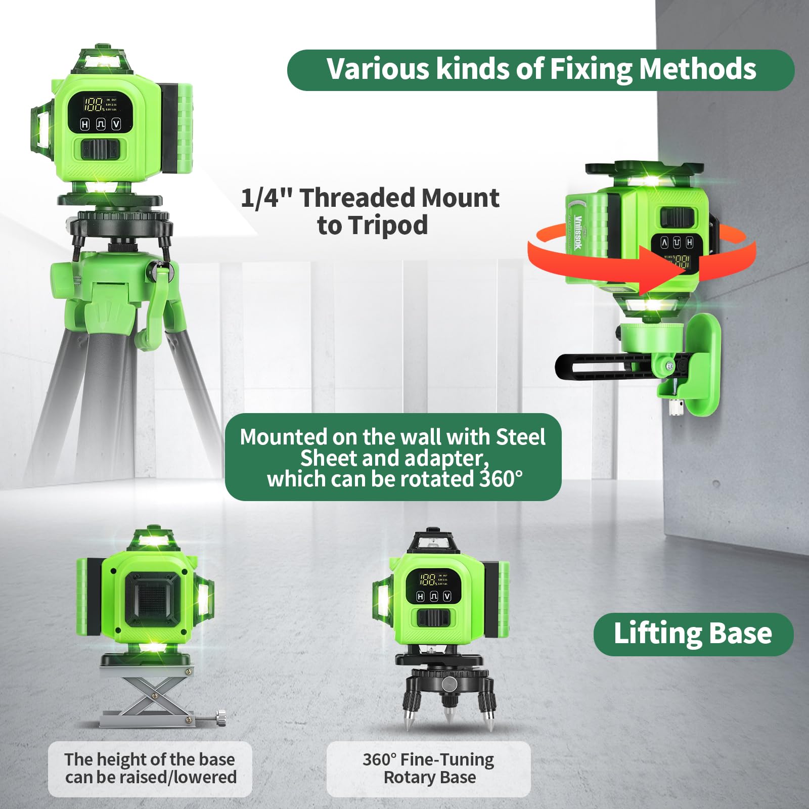 4D 360° Green Self-Leveling Laser Level with 16 Lines & 2 Batteries