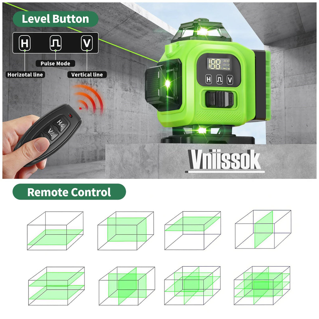 4D 360° Green Self-Leveling Laser Level with 16 Lines & 2 Batteries