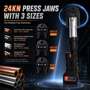 18V Press Tool for Copper Pipe, 32kN Kit with 6 Jaws and 2 Batteries