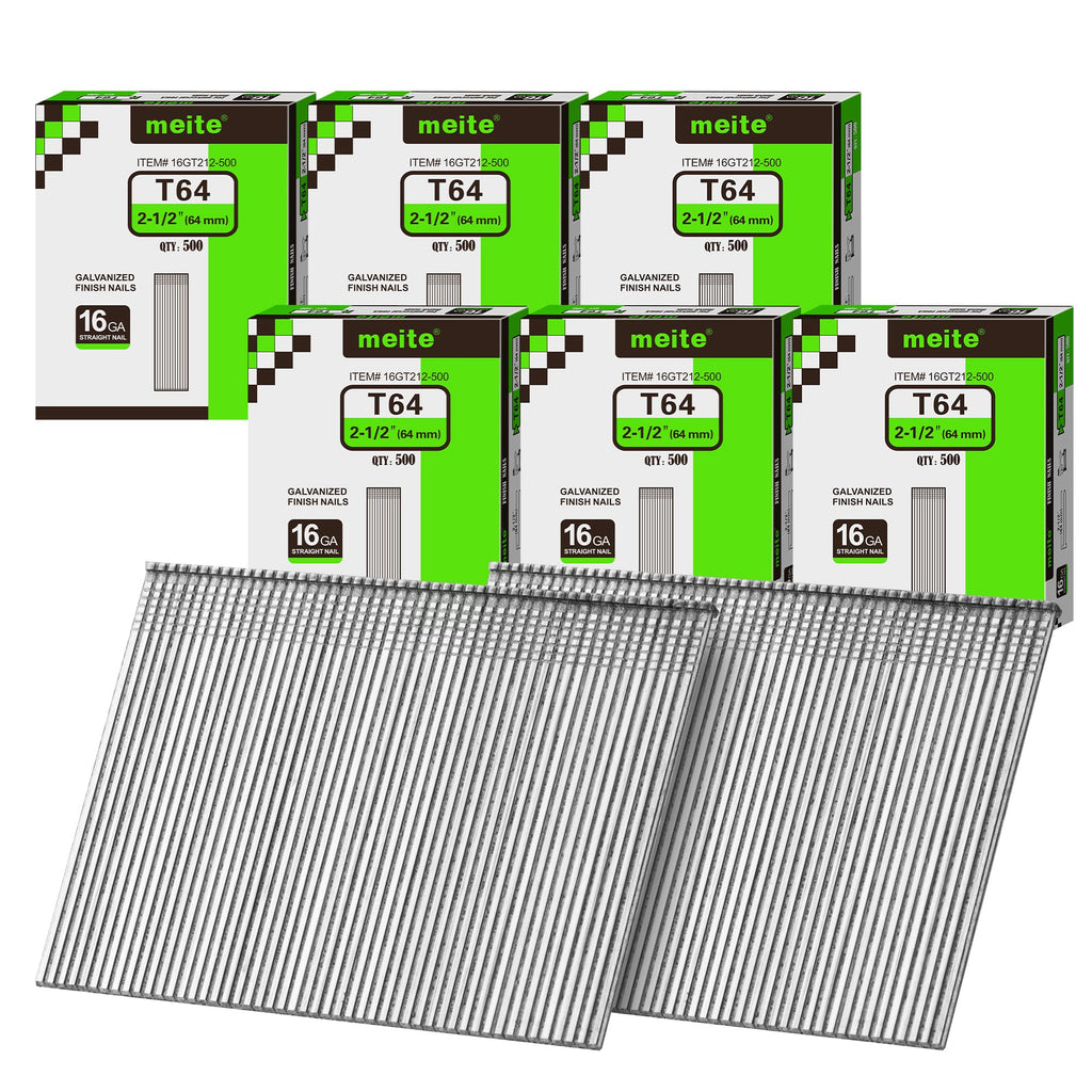 meite 16 Gauge Finish Nails 5 Sizes Galvanized Straight T-Nails 2,500PCS