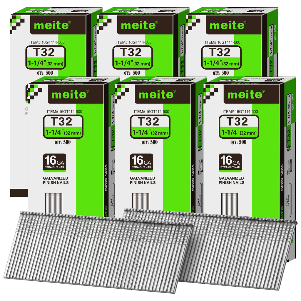 meite 16 Gauge Finish Nails 5 Sizes Galvanized Straight T-Nails 2,500PCS