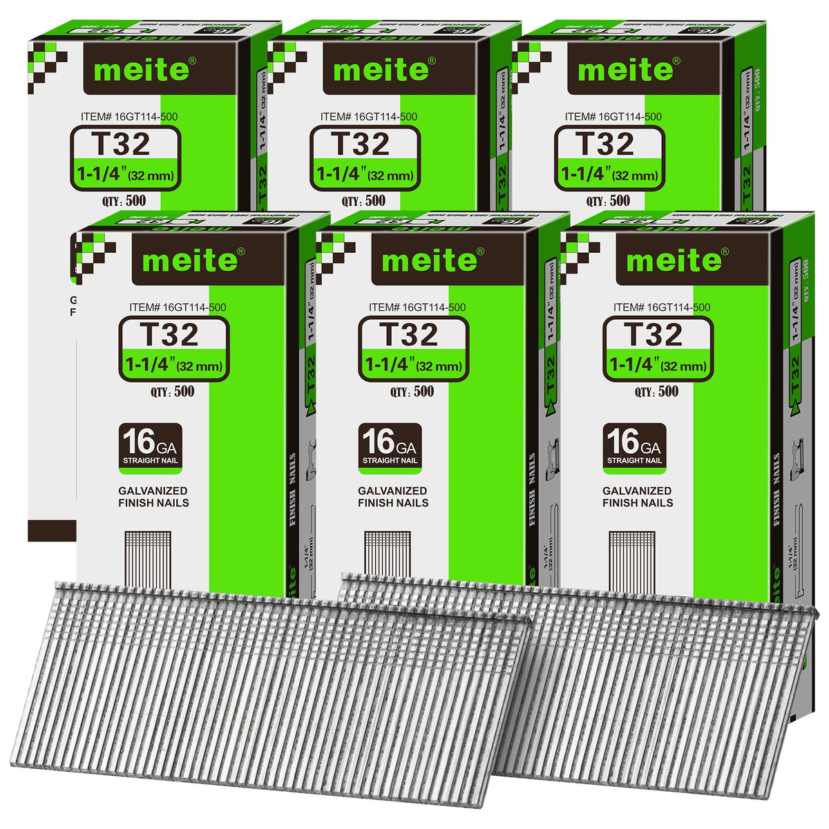 meite 16 Gauge Finish Nails 5 Sizes Galvanized Straight T-Nails 2,500PCS