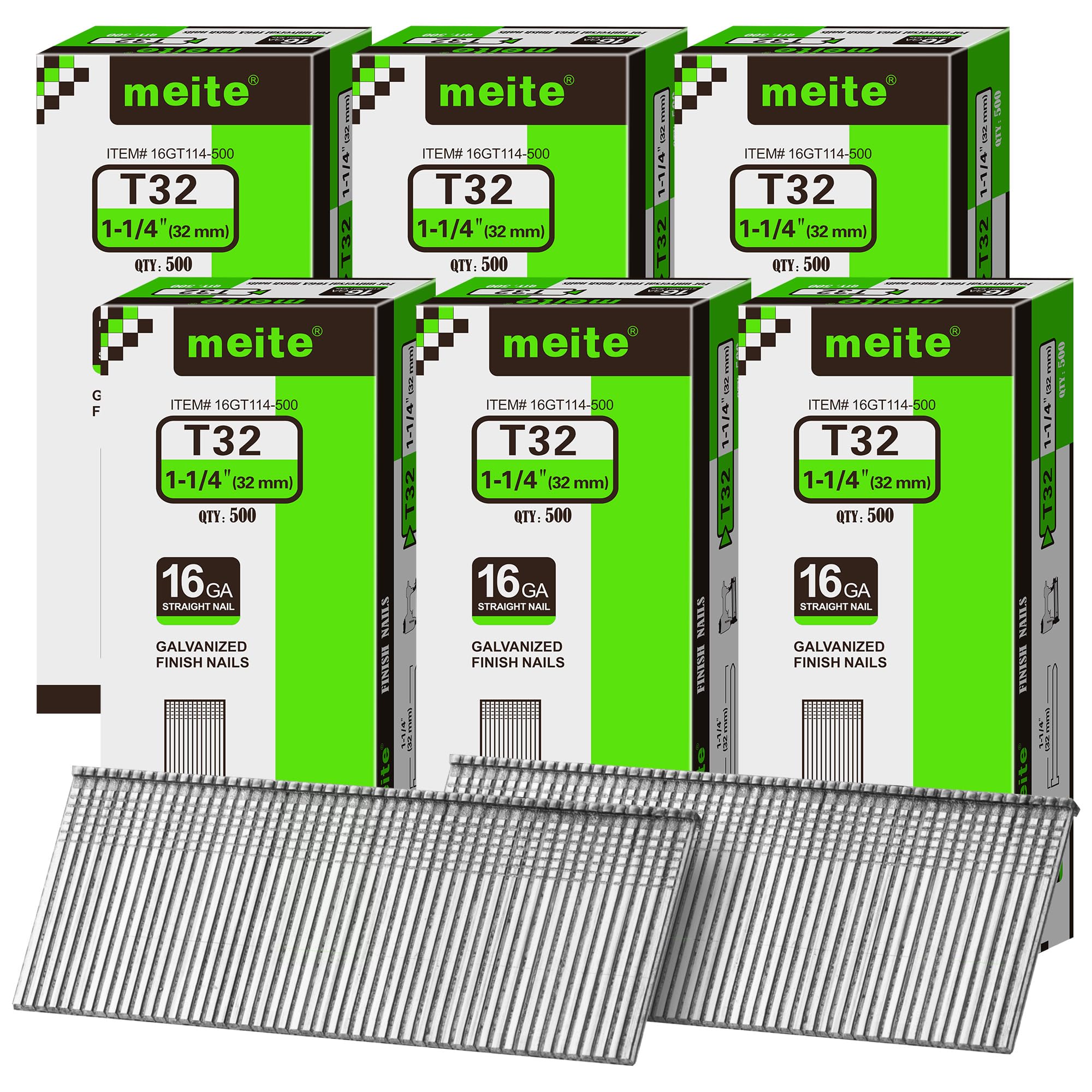 meite 16 Gauge Finish Nails 5 Sizes Galvanized Straight T-Nails 2,500PCS