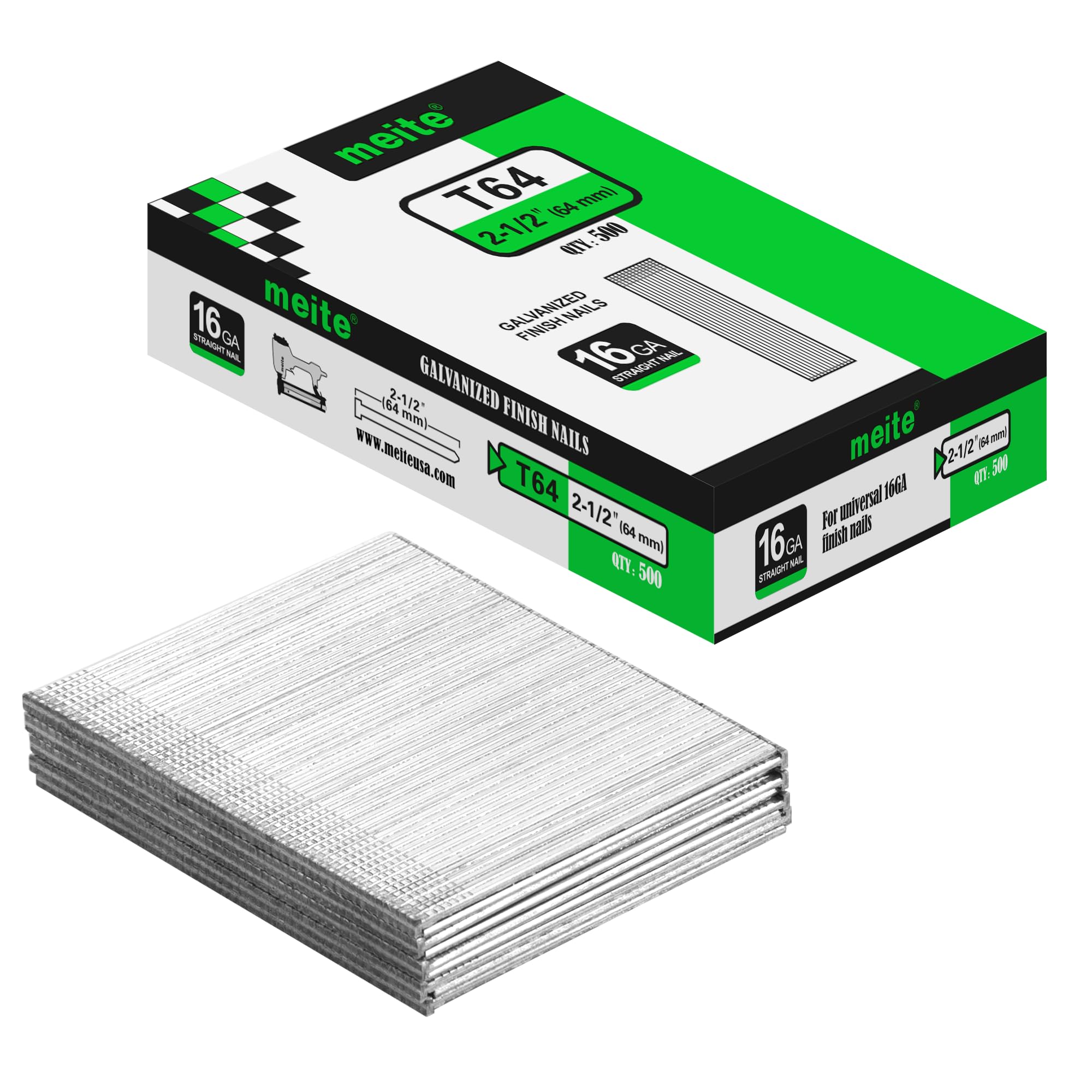 meite 16 Gauge Finish Nails 5 Sizes Galvanized Straight T-Nails 2,500PCS