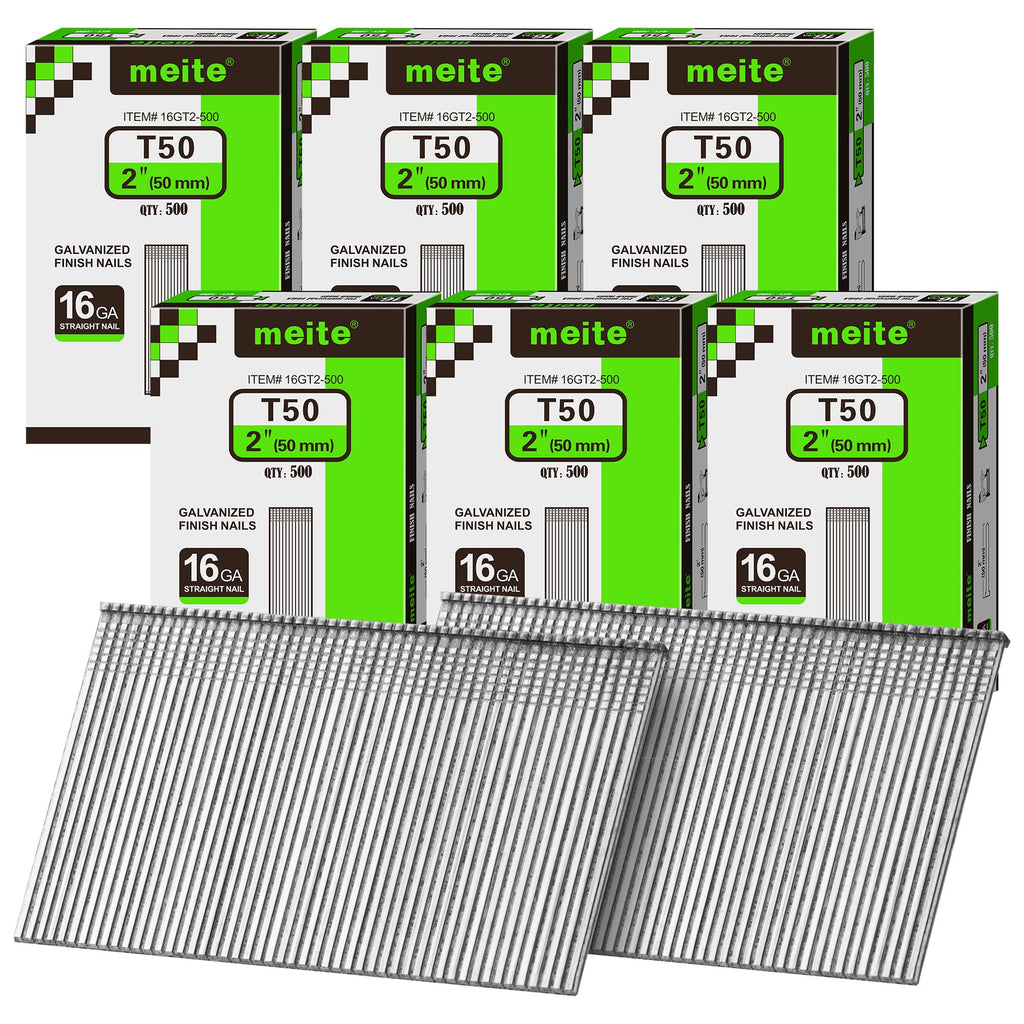meite 16 Gauge Finish Nails 5 Sizes Galvanized Straight T-Nails 2,500PCS