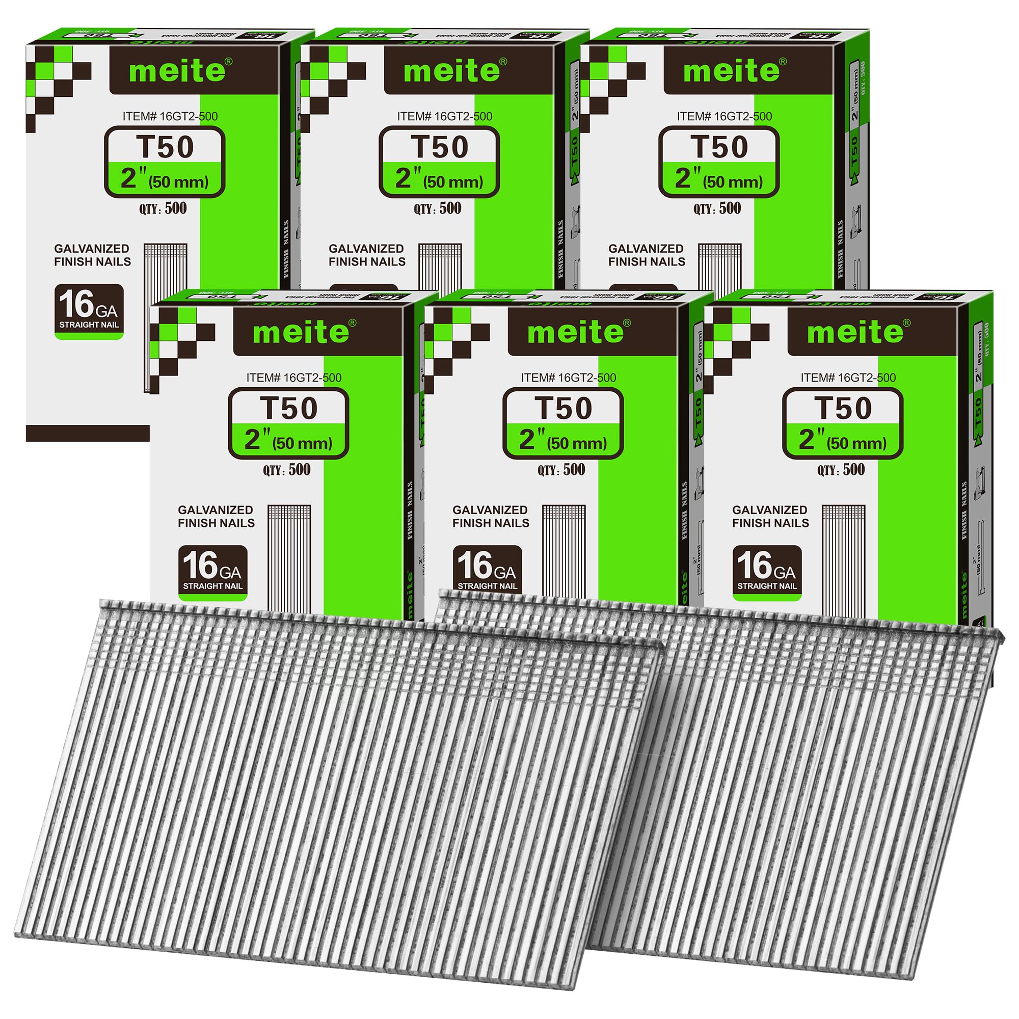 meite 16 Gauge Finish Nails 5 Sizes Galvanized Straight T-Nails 2,500PCS