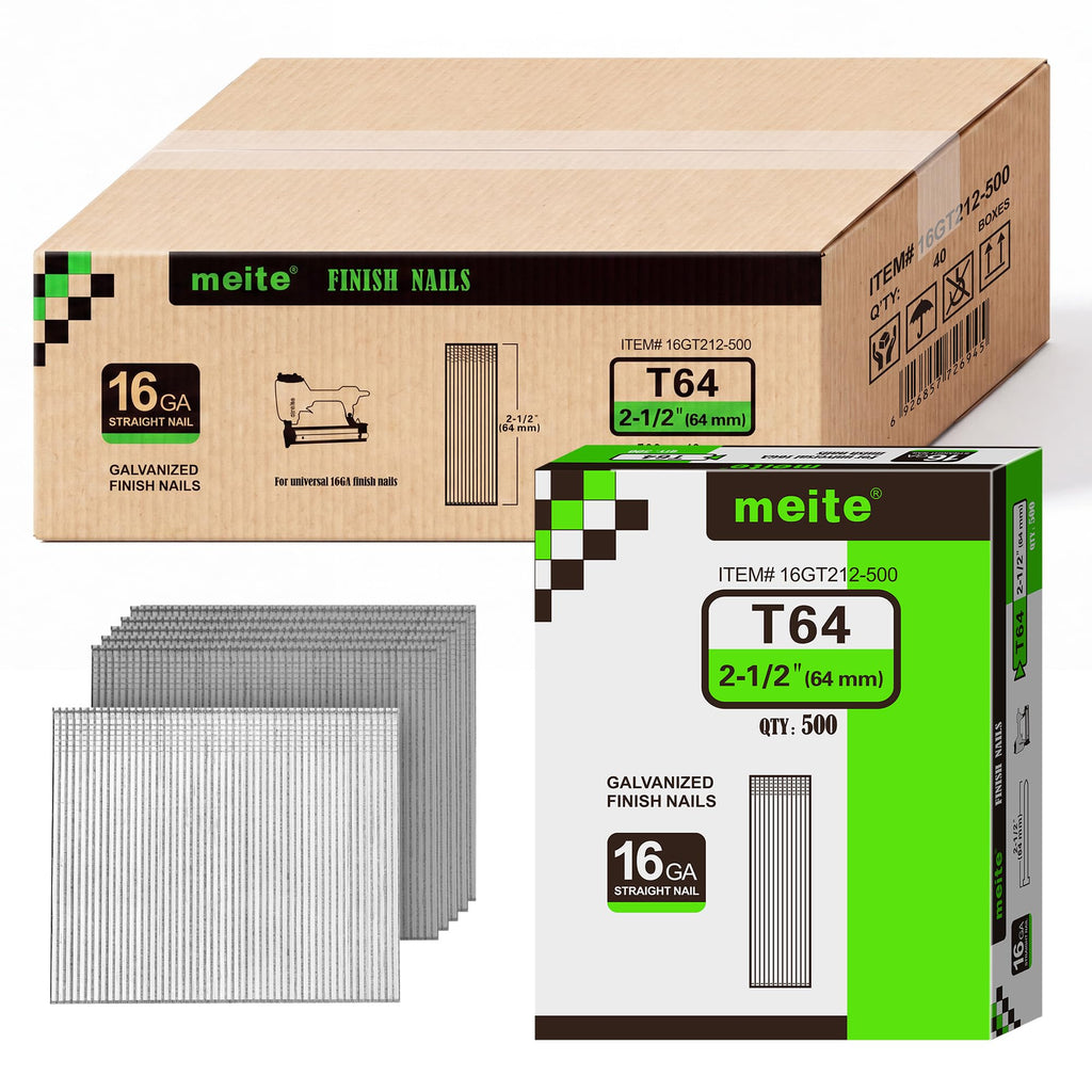 meite 16 Gauge Finish Nails 5 Sizes Galvanized Straight T-Nails 2,500PCS