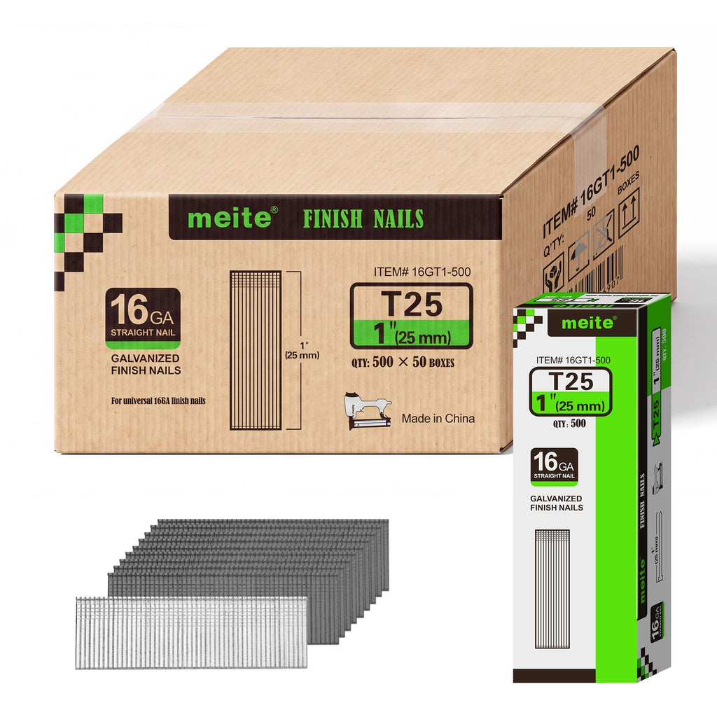 meite 16 Gauge Finish Nails 5 Sizes Galvanized Straight T-Nails 2,500PCS