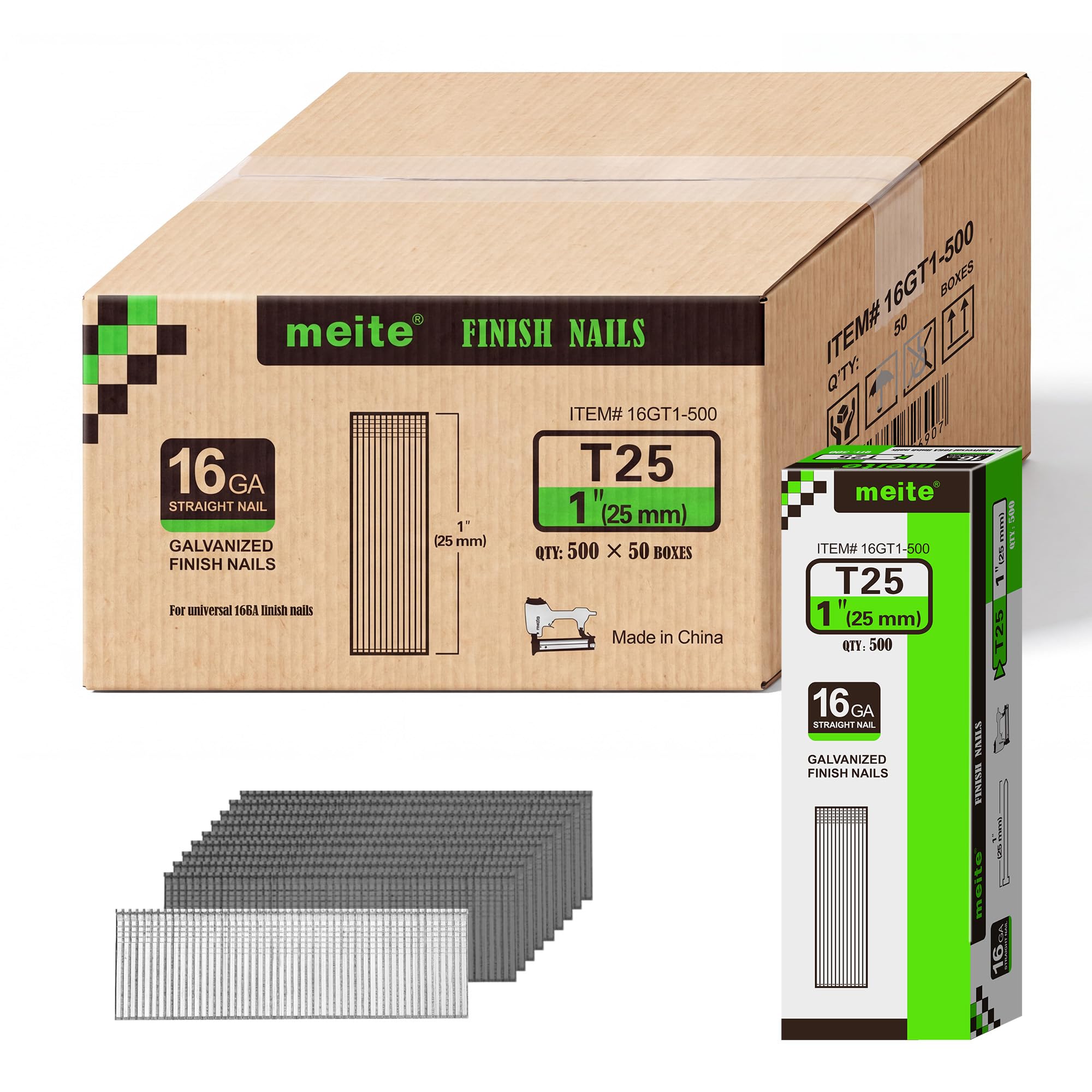 meite 16 Gauge Finish Nails 5 Sizes Galvanized Straight T-Nails 2,500PCS