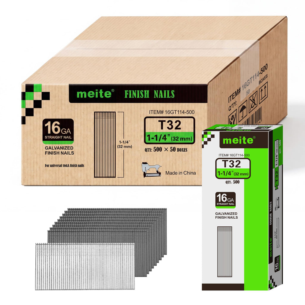 meite 16 Gauge Finish Nails 5 Sizes Galvanized Straight T-Nails 2,500PCS