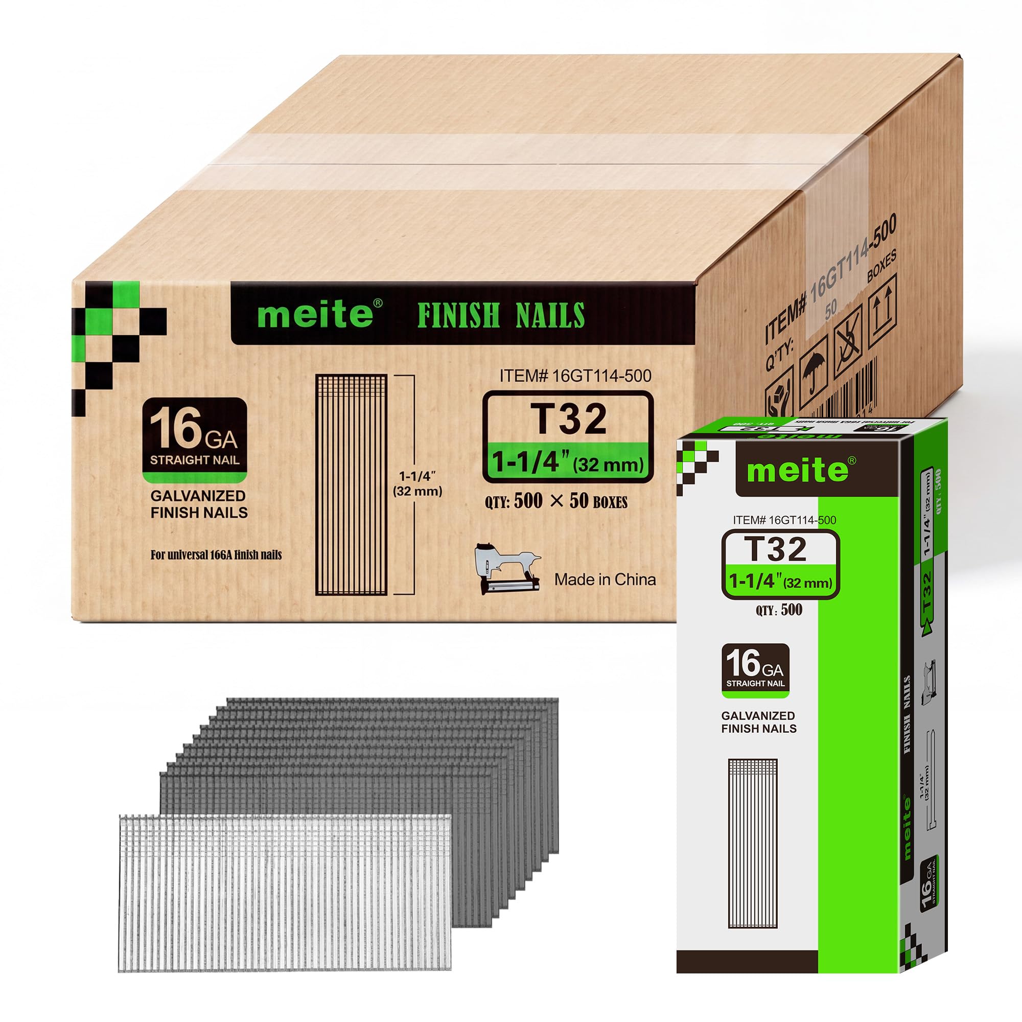 meite 16 Gauge Finish Nails 5 Sizes Galvanized Straight T-Nails 2,500PCS