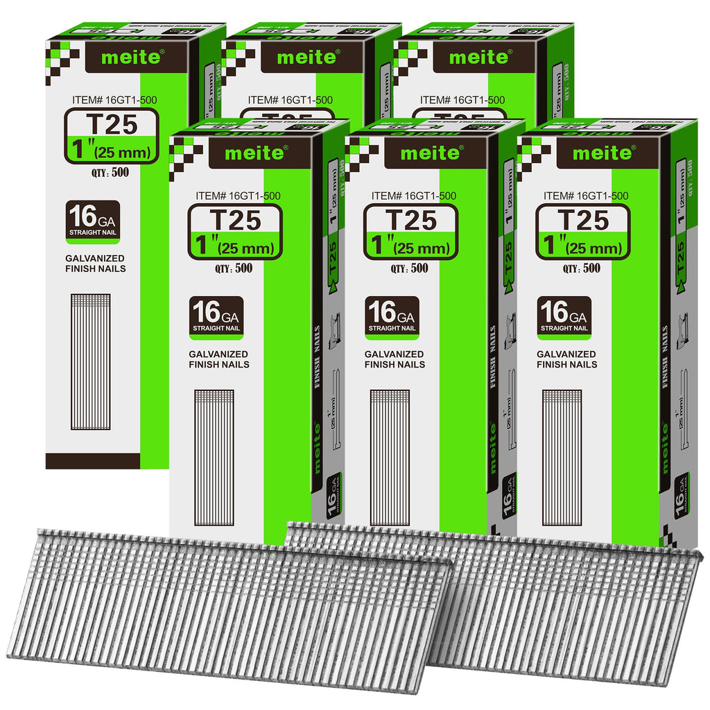 meite 16 Gauge Finish Nails 5 Sizes Galvanized Straight T-Nails 2,500PCS