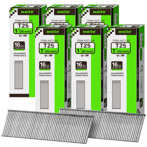 meite 16 Gauge Finish Nails 5 Sizes Galvanized Straight T-Nails 2,500PCS