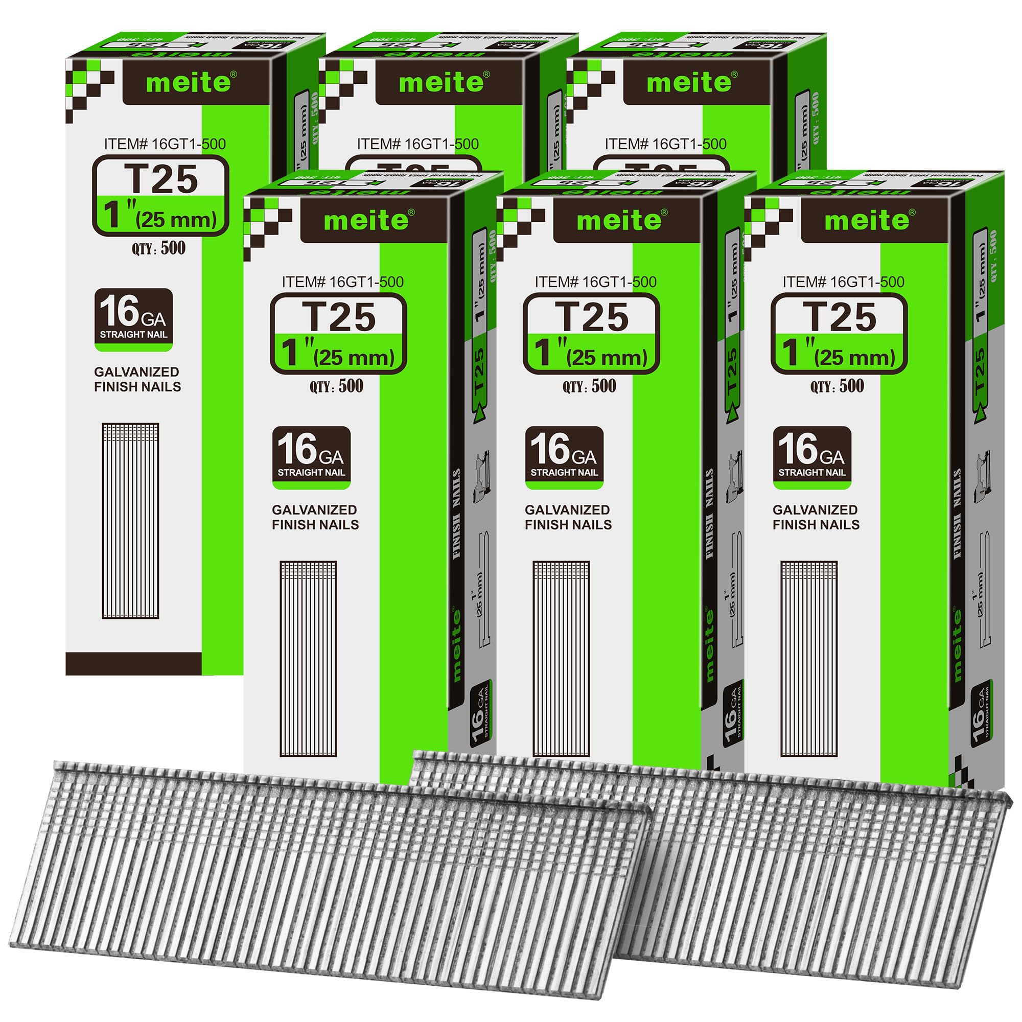 meite 16 Gauge Finish Nails 5 Sizes Galvanized Straight T-Nails 2,500PCS