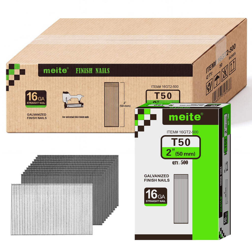 meite 16 Gauge Finish Nails 5 Sizes Galvanized Straight T-Nails 2,500PCS