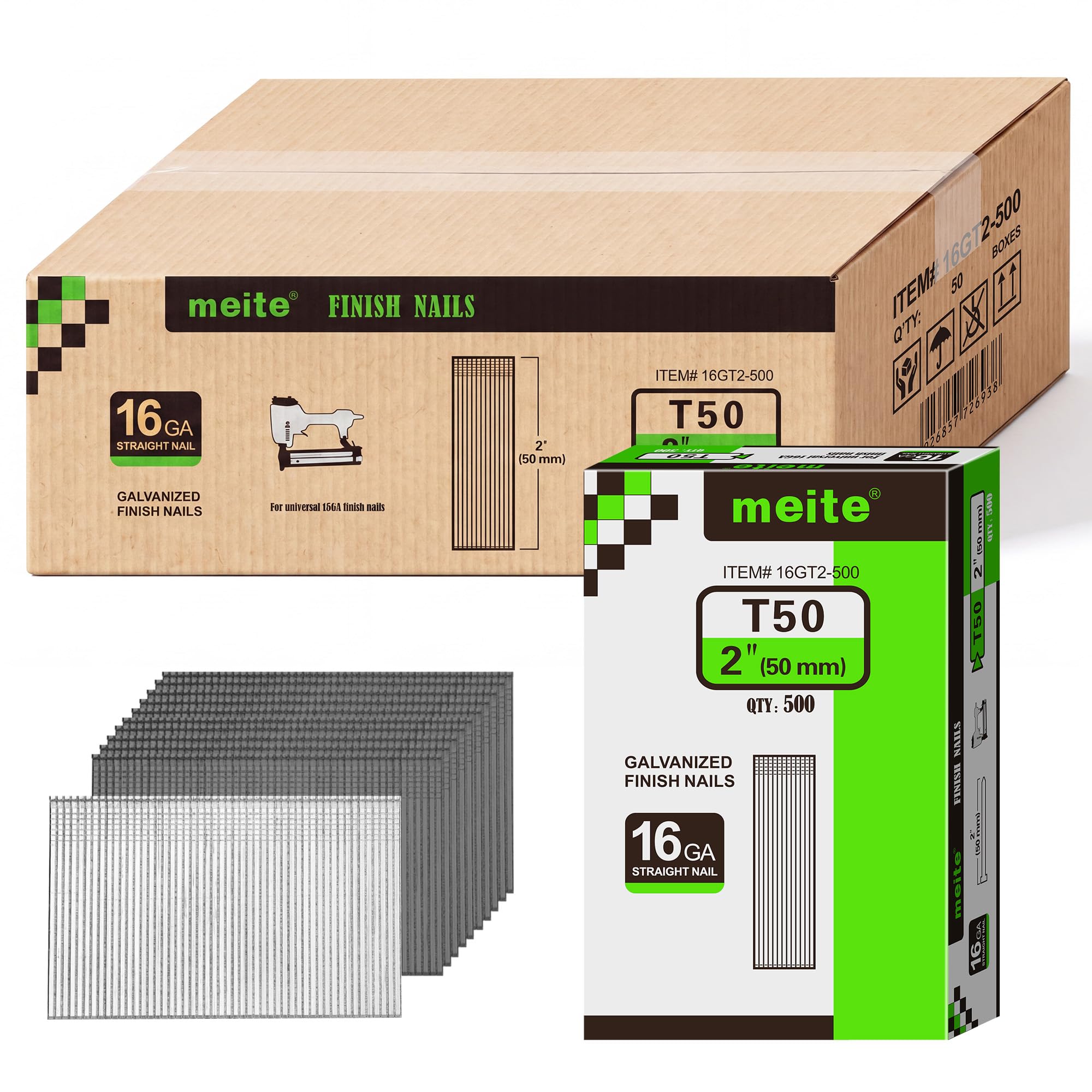 meite 16 Gauge Finish Nails 5 Sizes Galvanized Straight T-Nails 2,500PCS