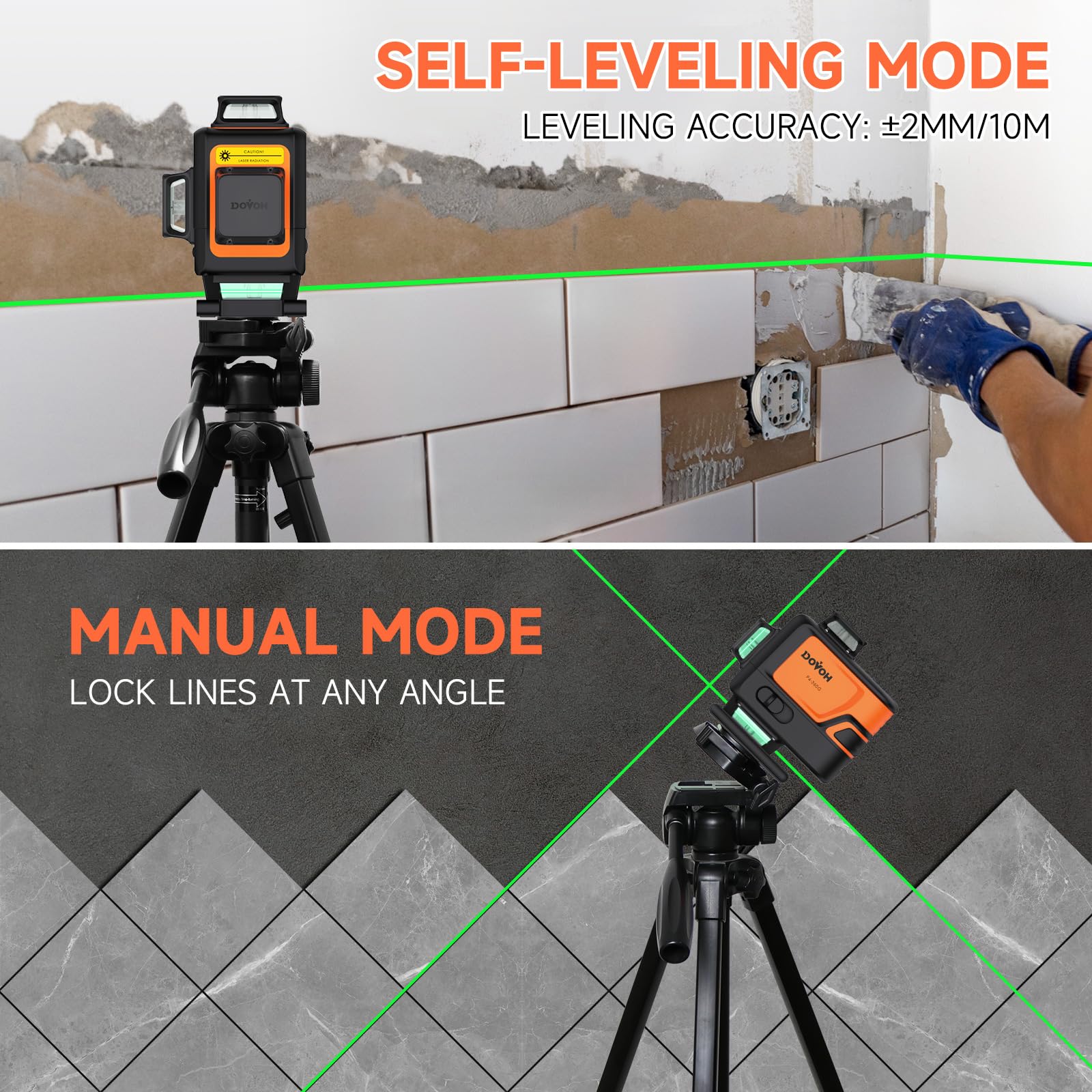 DOVOH 4 Plane Laser Level 360 with Receiver, Grade Rod, Tripod, Class II