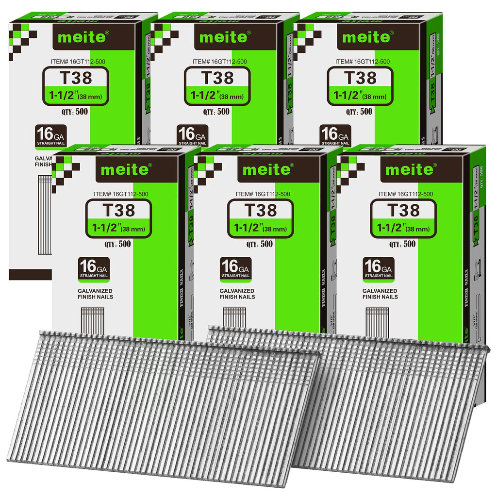 meite 16 Gauge Finish Nails 5 Sizes Galvanized Straight T-Nails 2,500PCS
