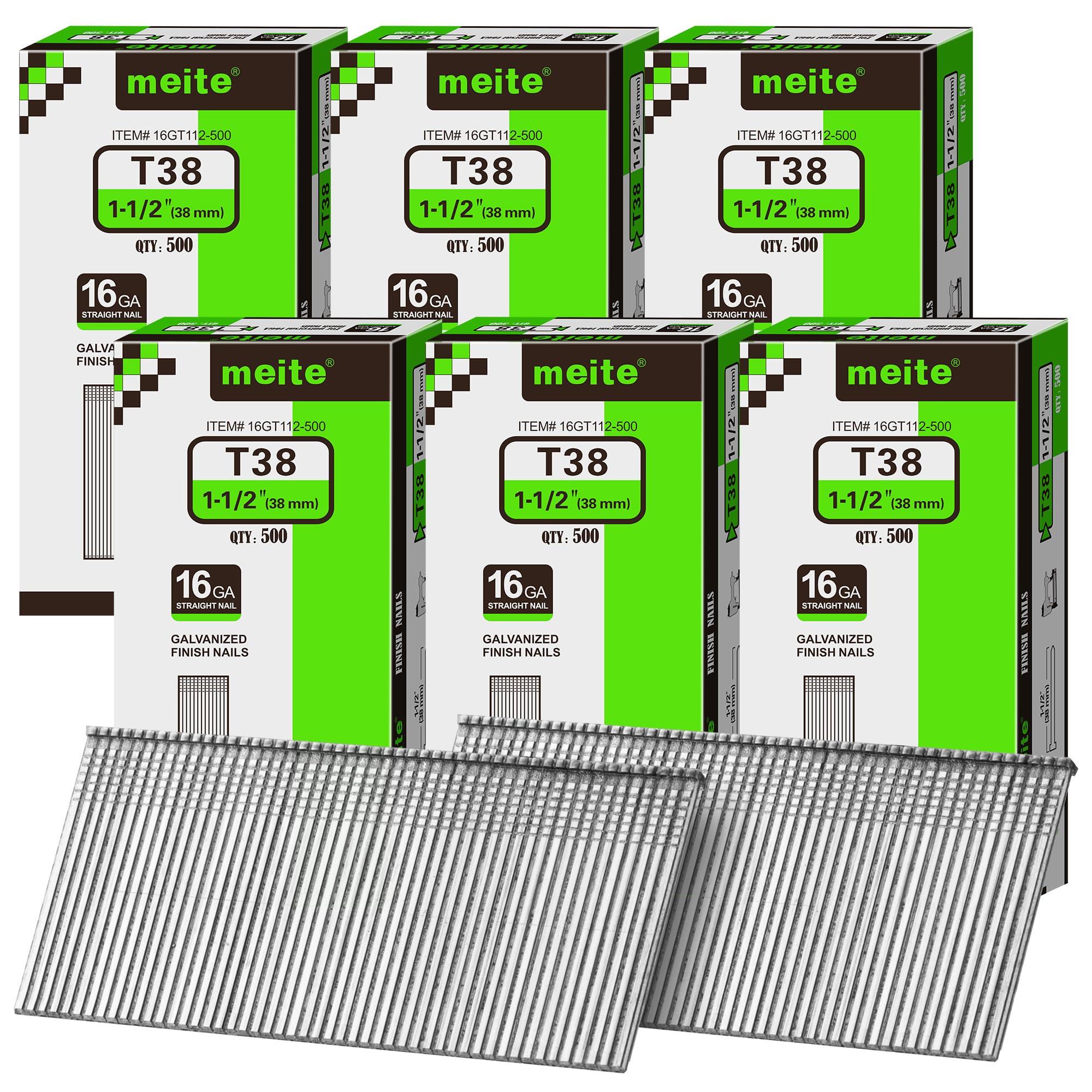 meite 16 Gauge Finish Nails 5 Sizes Galvanized Straight T-Nails 2,500PCS