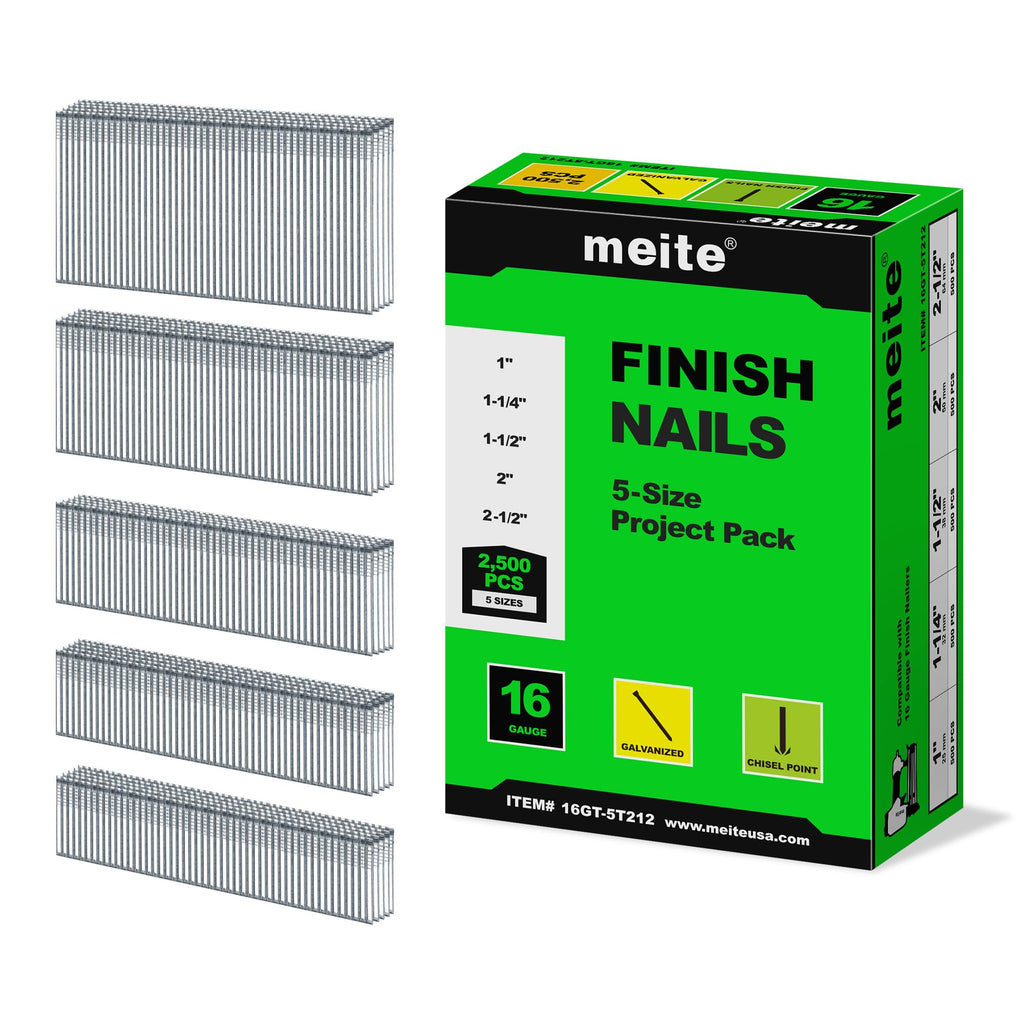 meite 16 Gauge Finish Nails 5 Sizes Galvanized Straight T-Nails 2,500PCS