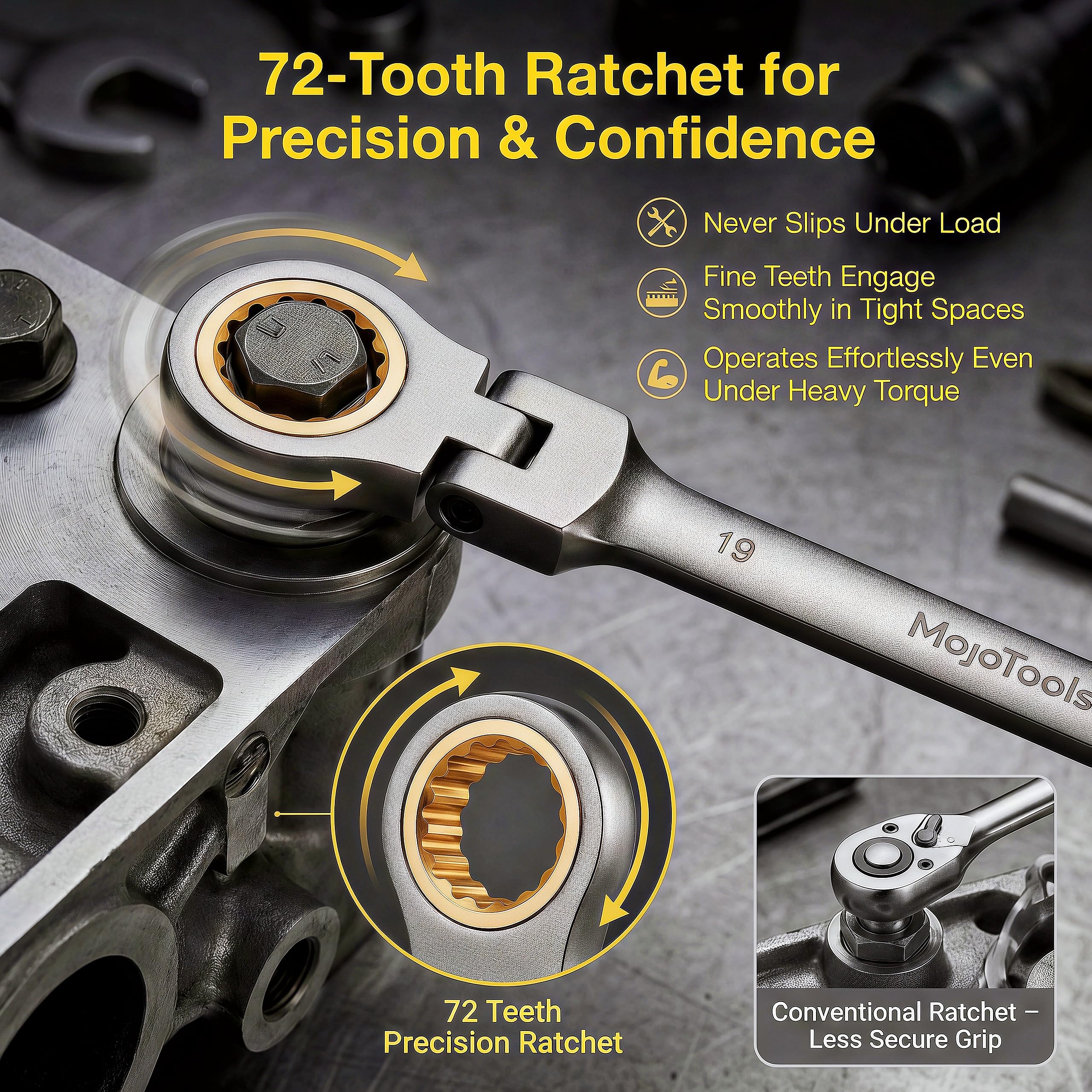 MoJoTools 3/4 inch Flex-Head Ratcheting Combination Wrench Set